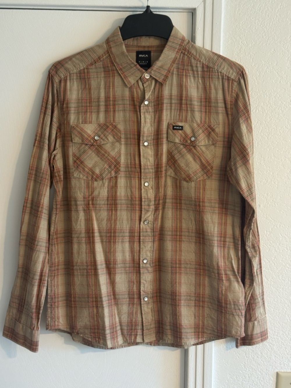 RVCA Men's Tan Plaid pearl snap Shirt